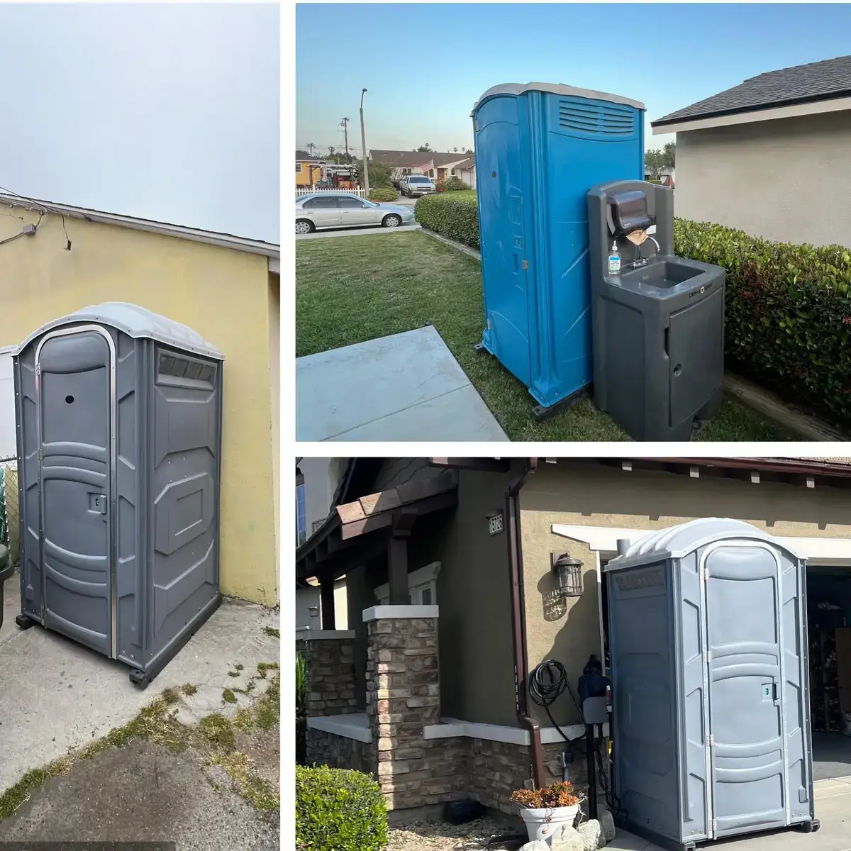 Hand wash station next to a blue portable toilet on a lawn