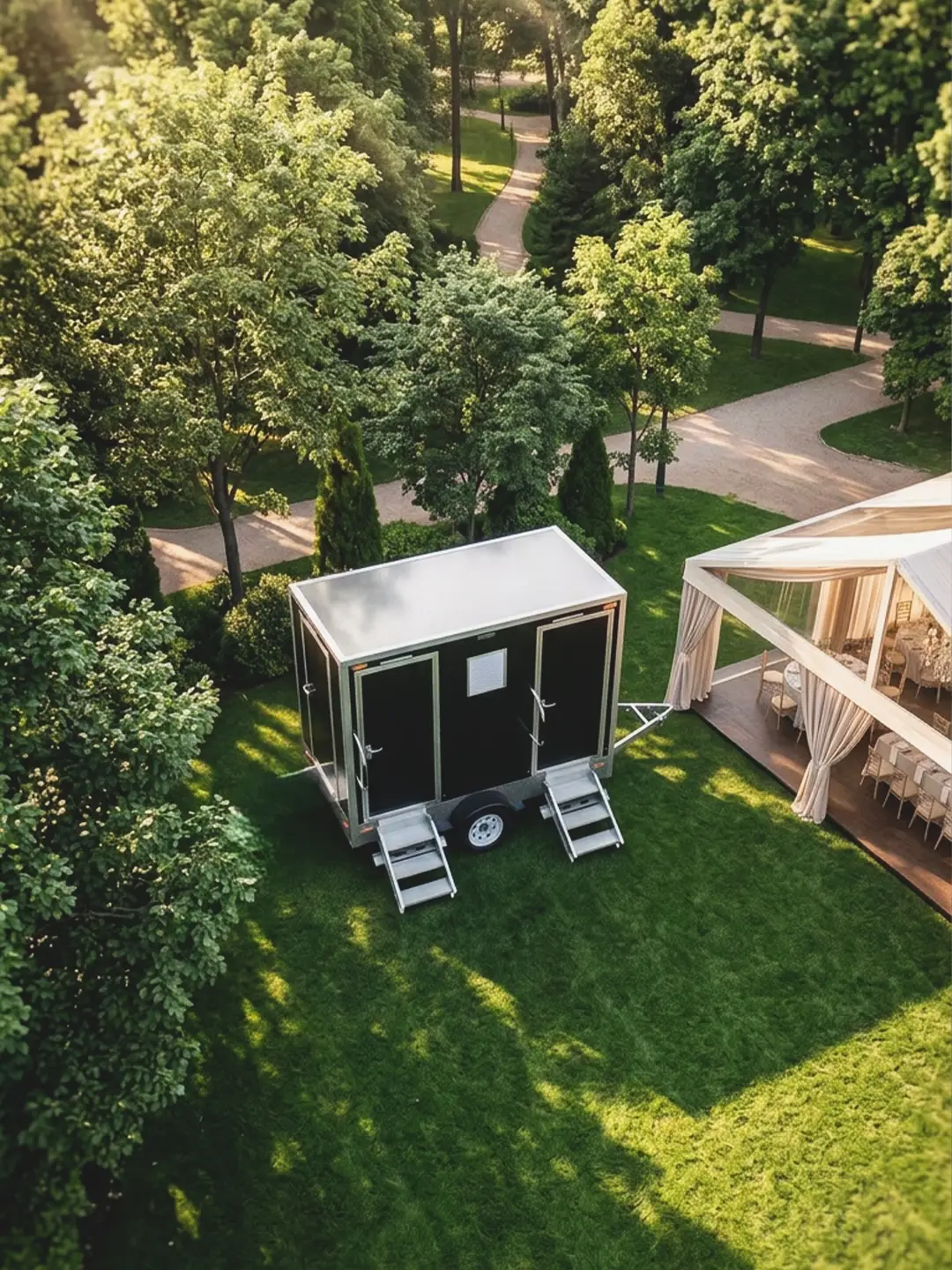 White restroom trailer on a lawn next to a wedding tent, seen from above